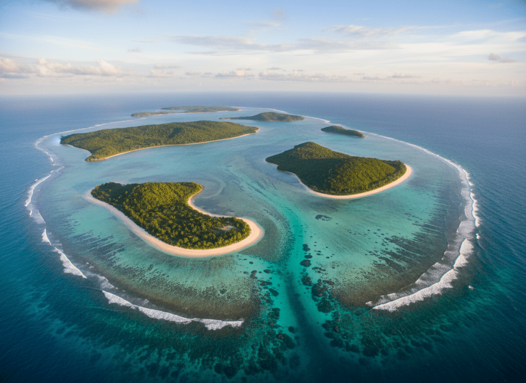 A sweeping aerial photographic view of the Andaman Islands’ turquoise waters gently surrounding emerald-green islands, with powder-soft white sand beaches forming graceful curves along the shoreline. Coral reefs in varying shades of teal and sapphire are faintly visible beneath the crystal-clear surface. The horizon stretches wide beneath a soft blue sky dotted with delicate, cotton-like clouds. Captured in crisp detail during golden hour, the light casts warm highlights on the water and subtle shadows along the coast, creating a serene, inviting mood. The composition uses a wide-angle, bird’s-eye perspective with strong depth and balanced symmetry, emphasizing natural beauty and spaciousness. The overall style is clean, vibrant photographic realism, ideal as a universal hero image for a professional Andaman tours and travels website.