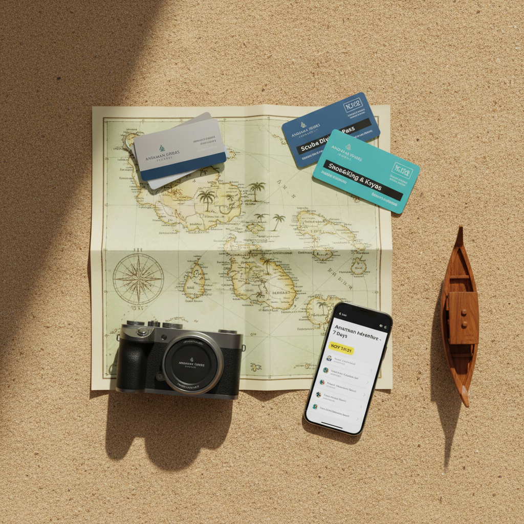 A meticulously arranged flat lay of premium Andaman travel essentials on a smooth, sand-colored textured surface. A detailed island map of the Andaman archipelago lies open at the center, surrounded by a sleek mirrorless camera, neatly stacked hotel keycards, glossy waterproof activity passes, and a polished wooden miniature boat. A smartphone screen displays a clean itinerary with highlighted dates and locations. Soft, diffused daylight from the side creates gentle, realistic shadows and subtle highlights on metallic accents, evoking a professional yet relaxed planning atmosphere. Shot from a straight overhead angle with sharp focus and ample negative space around the edges, the composition feels organized and trustworthy. The photographic style is modern, clear, and vibrant, representing personalized, well-planned tour services without showing any people.