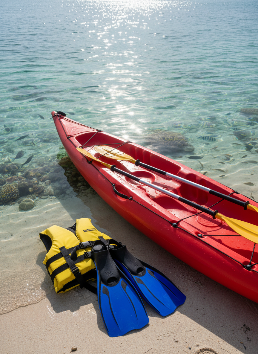 A dynamic close-up photographic scene of Andaman adventure activities centered on a brightly colored sea kayak and snorkel gear resting on the edge of a calm, crystal-clear lagoon. The kayak’s glossy red surface, black straps, and detailed paddle blades show crisp textures, while a neatly coiled life jacket and vibrant blue snorkel fins sit beside it on the sand. Beneath the shallow water, soft ripples reveal hints of coral and rocks. Overhead midday sunlight creates sparkling highlights on the water and bold, defined shadows that emphasize form and energy. Captured from a low, three-quarter angle with the horizon slightly above center, the composition feels active yet controlled. The mood is exciting, safe, and professional, showcasing adventure-based Andaman tours in realistic, high-clarity detail without any human presence.