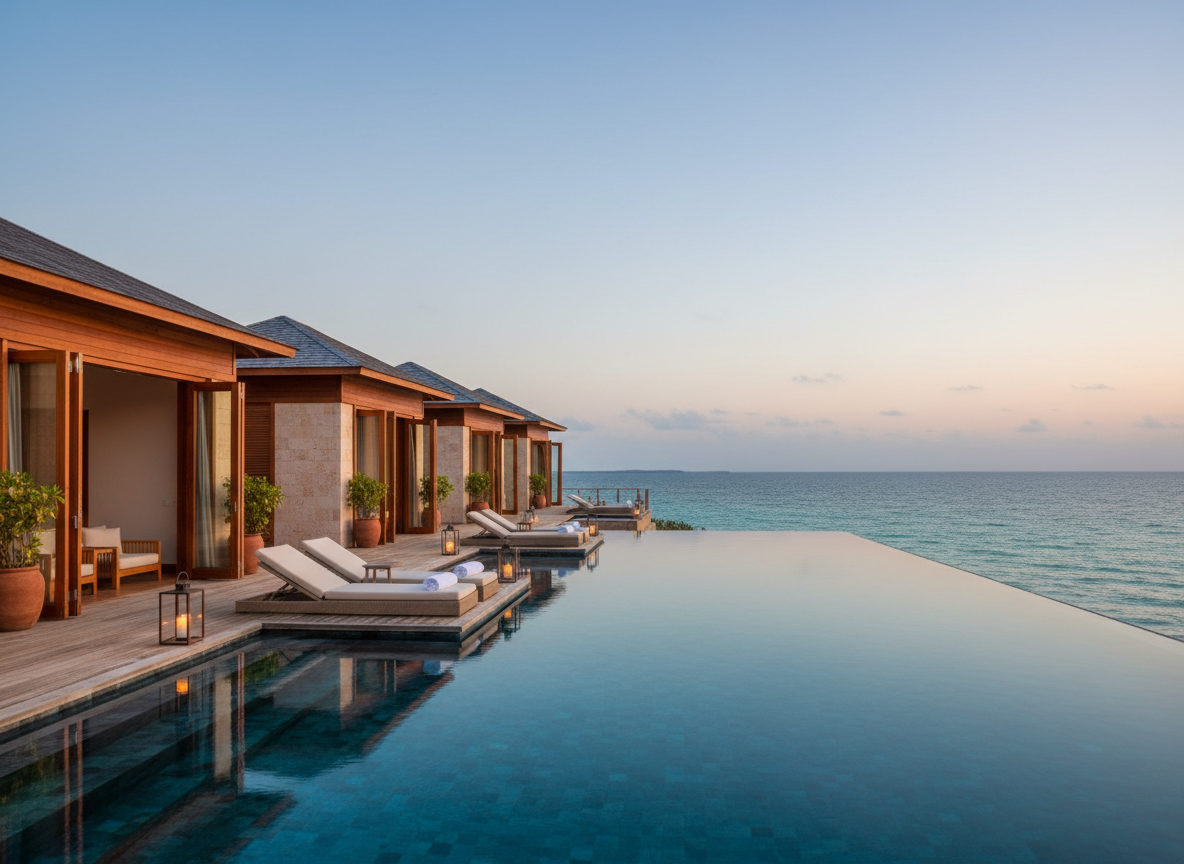 An elegant beachfront resort setting in the Andamans, featuring a row of luxurious yet understated ocean-facing villas constructed with warm-toned wood and light stone, each with large glass doors opening to private decks. In the foreground, a pristine infinity pool seamlessly blends into the distant turquoise sea, its surface reflecting the soft hues of a pastel evening sky. Tastefully arranged poolside loungers, rolled white towels, and subtle lanterns add refined detail. The scene is lit by gentle golden hour light transitioning into early twilight, casting soft reflections and a tranquil glow. Captured at eye level with a wide lens, the composition leads the viewer’s gaze from pool to sea to horizon, emphasizing calm, comfort, and exclusivity in crisp photographic realism, ideal for highlighting luxury Andaman holiday stays.