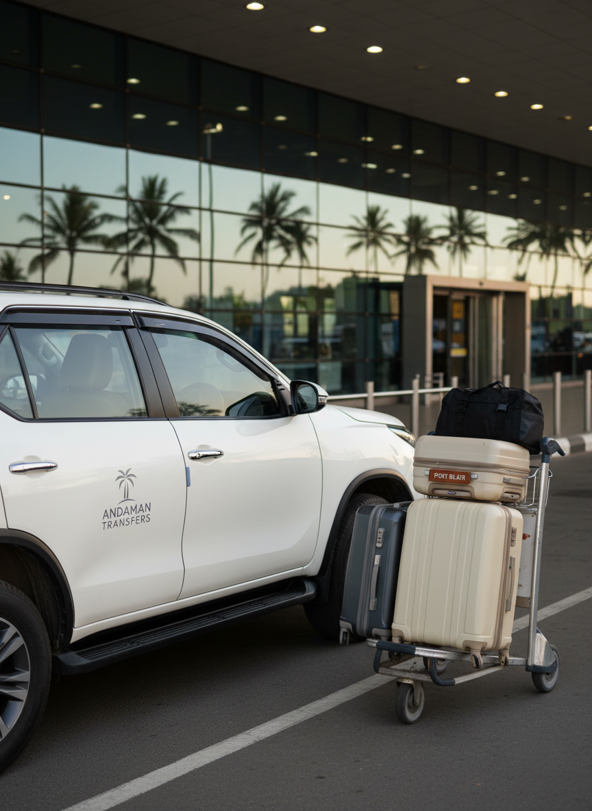 A polished interior view of a comfortable Andaman airport pickup experience without showing people: a spotless white SUV with subtle branding on the door is parked neatly outside a modern terminal entrance. Beside it, a luggage trolley is carefully arranged with hard-shell suitcases in coordinated neutral tones, a visible luggage tag labeled “Port Blair,” and a small waterproof duffel bag. The terminal glass facade reflects hints of blue sky and palm trees. Late afternoon natural light combines with soft overhead exterior lighting to create a balanced, professional glow, with clean shadows under the vehicle. Captured from an eye-level angle with the vehicle in the foreground and terminal slightly blurred behind, the composition emphasizes reliability and comfort. The photographic style is crisp, modern, and trustworthy, ideal for representing dependable local cab and transfer services.