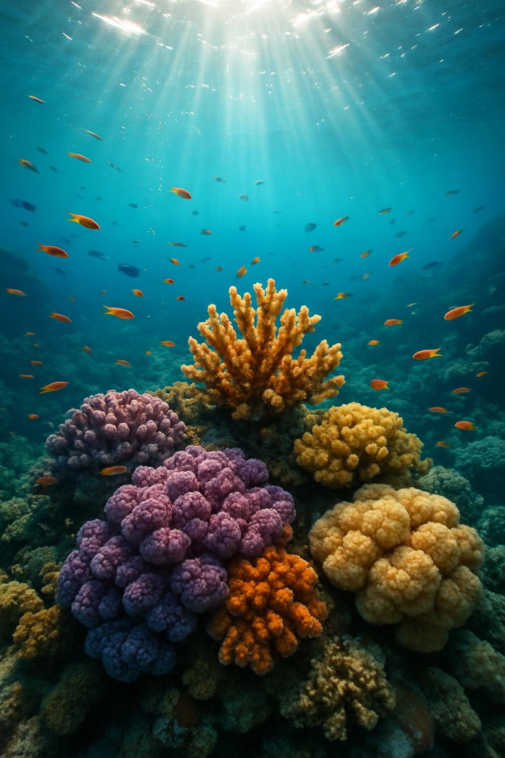 An underwater photographic scene off the Andaman coast, focusing on a vibrant coral reef ecosystem. In the foreground, intricately textured corals in shades of purple, orange, and cream rise from the seafloor, while small, colorful reef fish swim in soft, motion-blurred streaks around them. Sunbeams penetrate the clear, aquamarine water from above, creating dramatic shafts of light and dappled patterns on the coral surfaces. Fine air bubbles drift upward, adding to the sense of depth. The background gently falls into a cooler blue gradient, with distant reef formations fading softly. Captured from a slightly upward-facing angle with moderate depth of field, the composition feels immersive and awe-inspiring. The mood is adventurous yet peaceful, rendered in vivid, high-resolution photographic realism, ideal for showcasing exclusive snorkeling and scuba experiences in the Andamans.