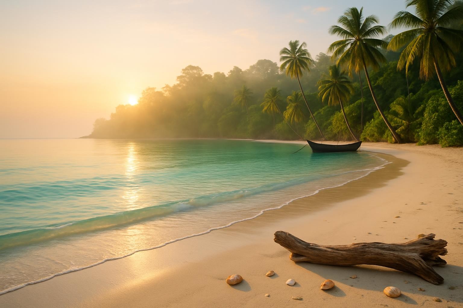 A secluded crescent-shaped Andaman beach at sunrise, with ultra-fine white sand leading into glass-clear, shallow water that gradually deepens into rich turquoise. Smooth driftwood, scattered seashells, and a single anchored wooden fishing boat add natural, authentic detail along the shoreline. Lush tropical greenery and gently swaying palm silhouettes form a dense backdrop. Warm, low-angle morning sunlight filters through light mist, casting elongated, soft-edged shadows and producing a gentle golden sheen on the wet sand. The atmosphere is serene, untouched, and inviting, conveying a sense of peaceful escape. Shot from a slightly low angle with the shoreline leading diagonally through the frame, the composition creates depth and a feeling of exploration. The style is vibrant, high-resolution photographic realism, perfect for promoting romantic honeymoons and quiet family getaways.